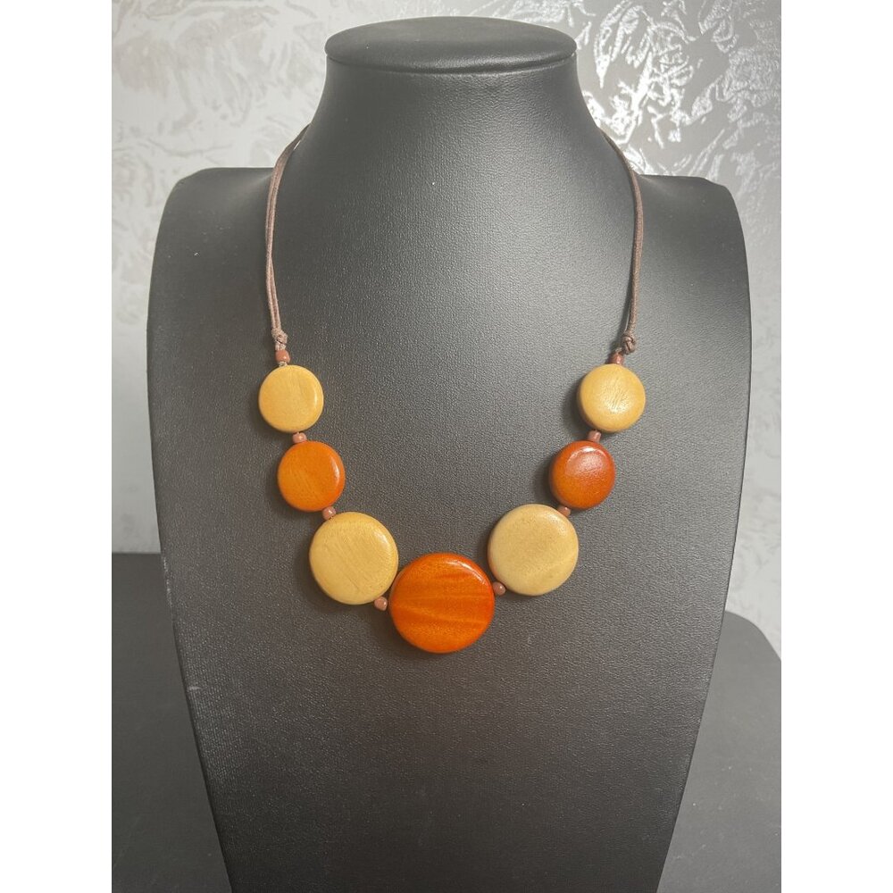 Earth Tone Beaded Necklace With Adjustable Chain & Brown Cord
